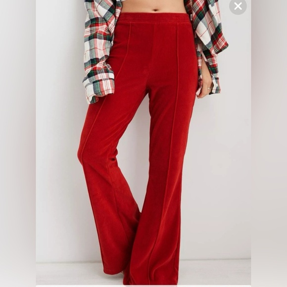 AERIE | Groove-On Rib Velour Red Orange Flare Pant - Picture 1 of 10